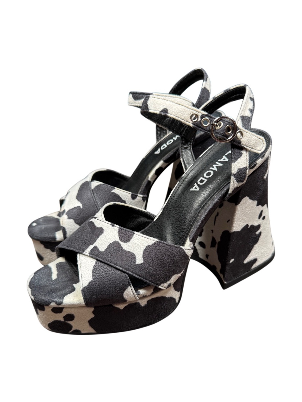 La Moda Black & White Cowprint Platform Sandals